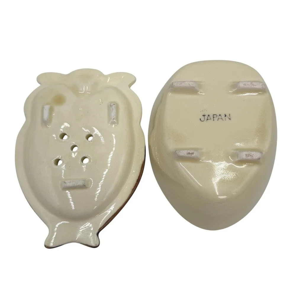 Soap Dish Small Cream Brown Owl Figural Ceramic 2-Piece Japan Vintage 1960s